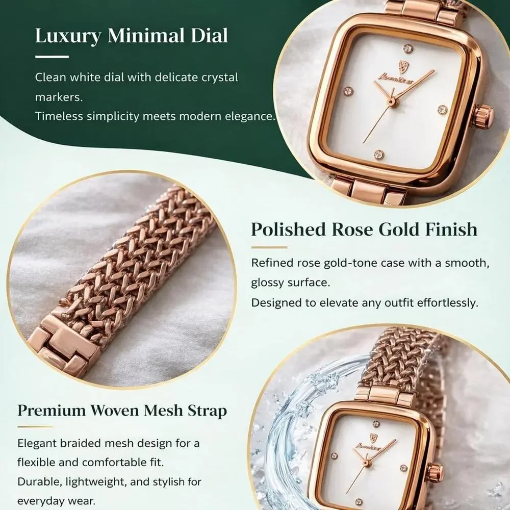 Women’s Rose Gold Square Watch White Dial Luxury Mesh Band Elegant Waterproof - Picture 5 of 6